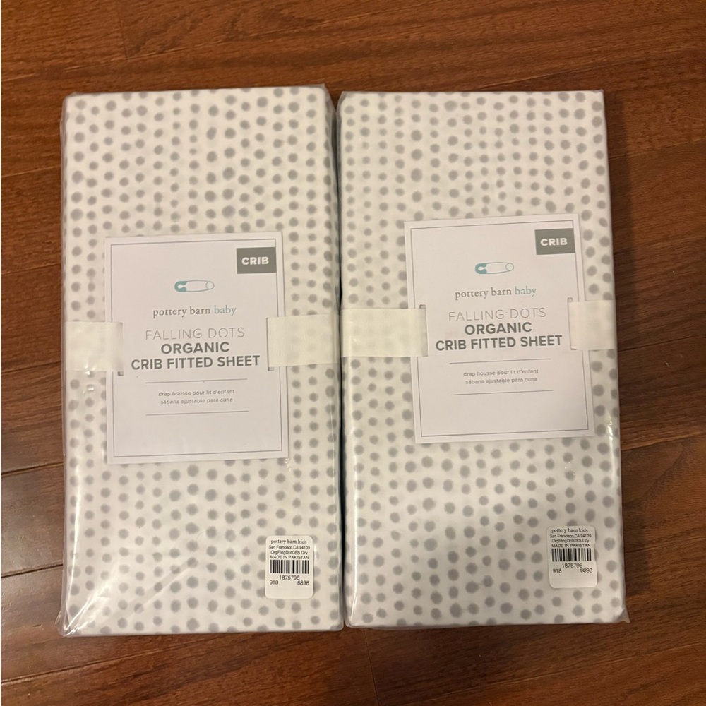NWT Pottery Barn Kids Gray Falling Dot Organic Crib Fitted Sheet- Set of Two